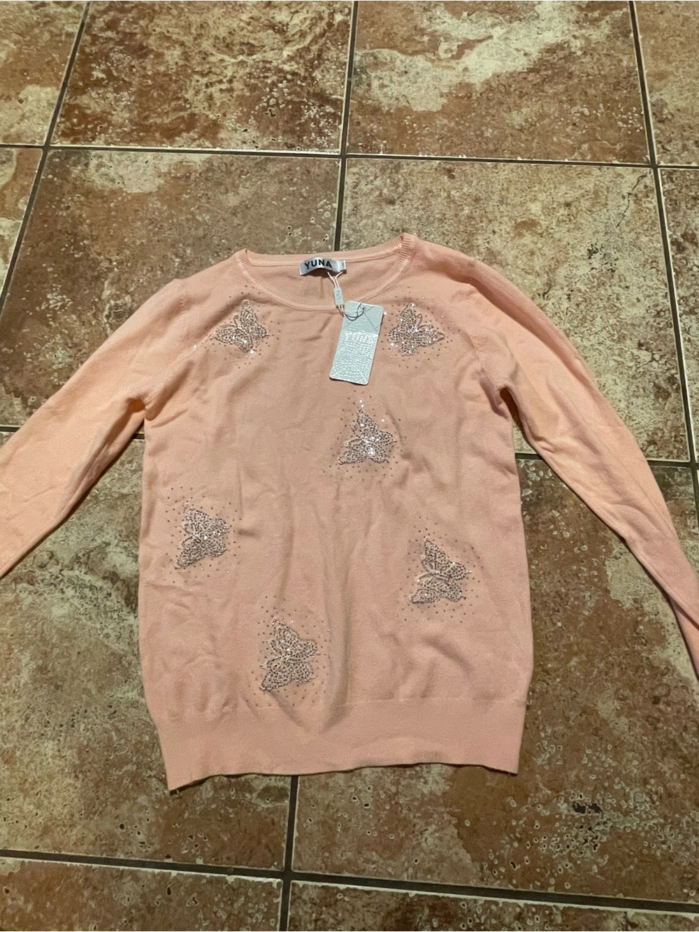 YUNA pink crewneck sweater with sparkly embellishments:size L/XL